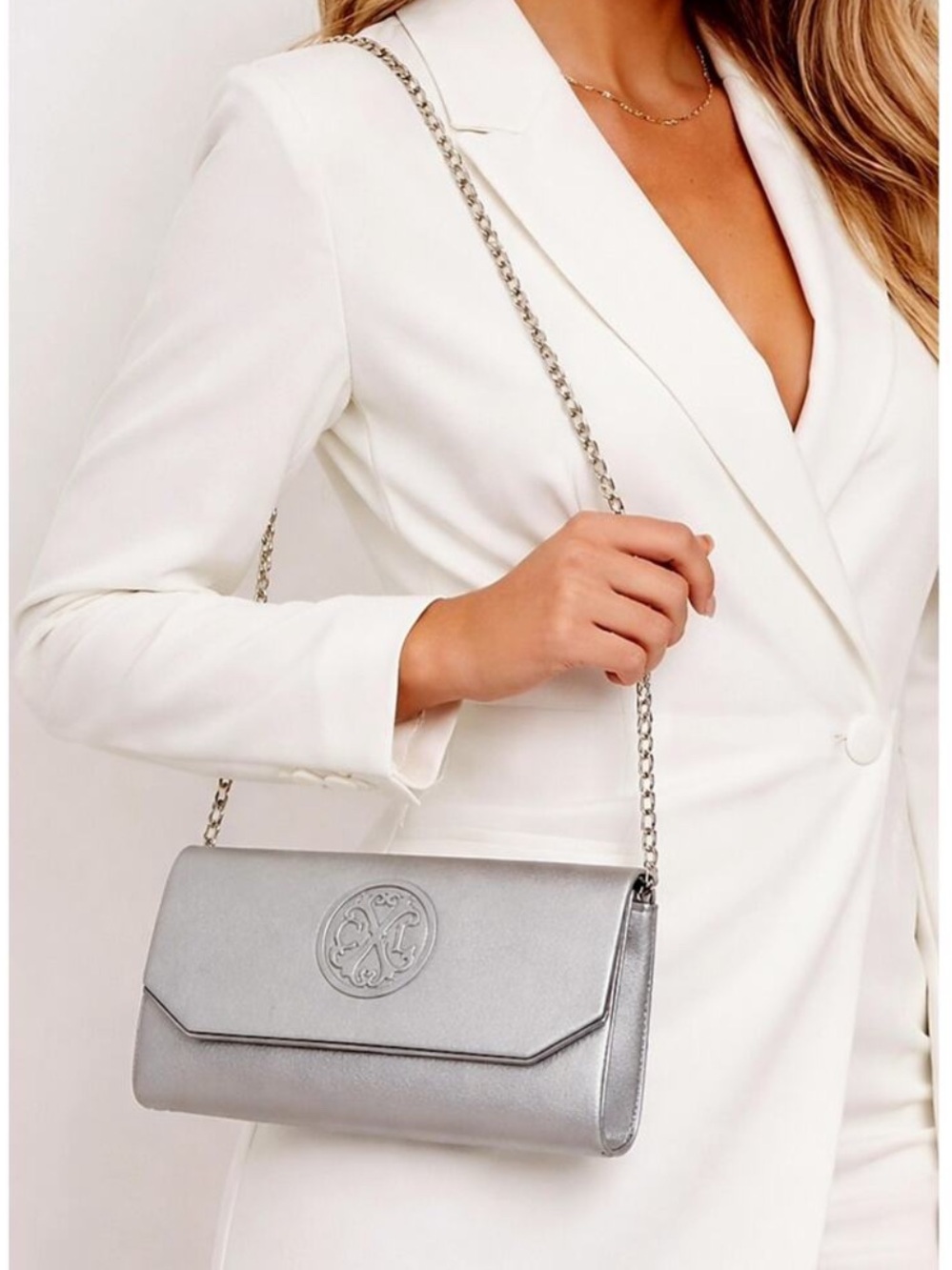 Christian Lacroix CXL Silver Madison Clutch Detachable Chain